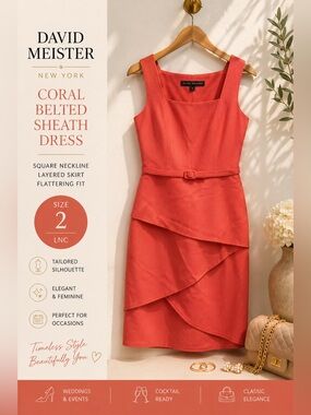 David Meister Coral Belted Sheath Dress Size 2